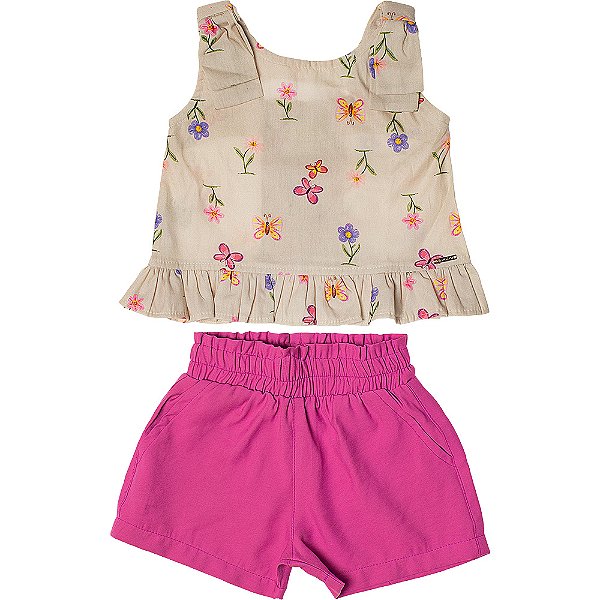 Conjunto infantil menina estampado algodão laço pink