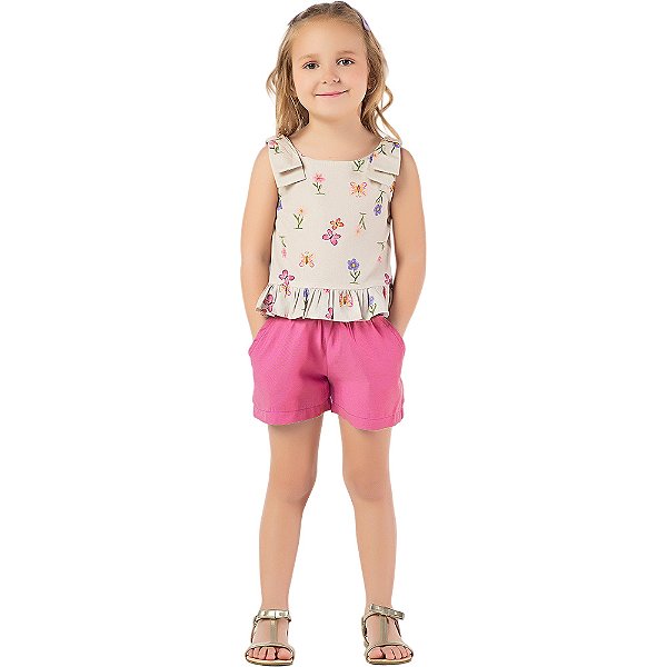 Conjunto infantil menina estampado algodão laço pink