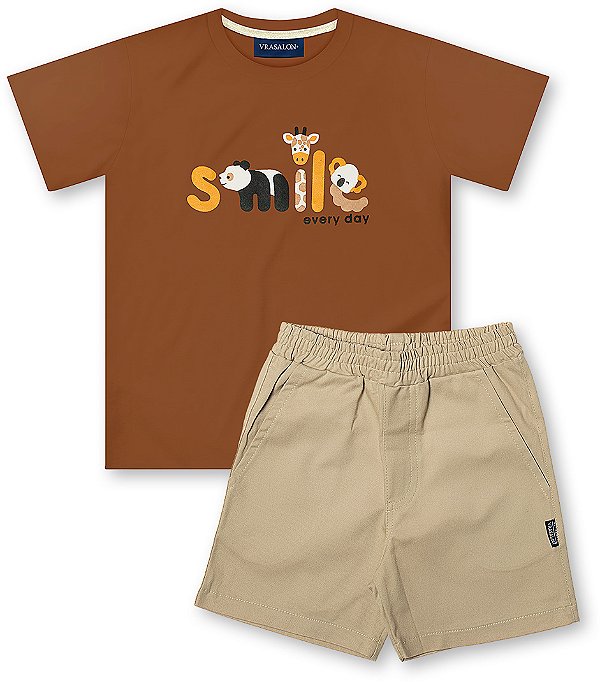 Conjunto infantil menino smile bichinhos algodão marrom