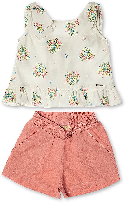 Conjunto infantil menina flores e laço algodão rose