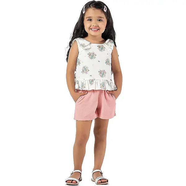 Conjunto infantil menina flores e laço algodão rose