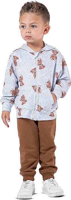 Conjunto Moletom Infantil Menino Ursinhos Cinza