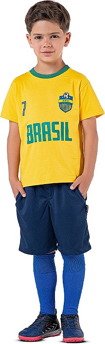 Camiseta Infantil Brasil Algodão Futebol Unissex Amarela