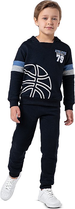 Conjunto Moletom Infantil Menino Basketball 79 com Capuz Preto