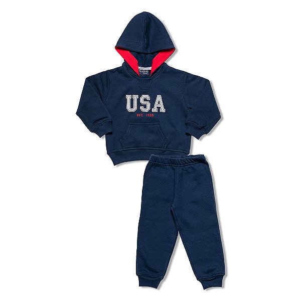 Conjunto Moletom Infantil Menino USA com Capuz Marinho