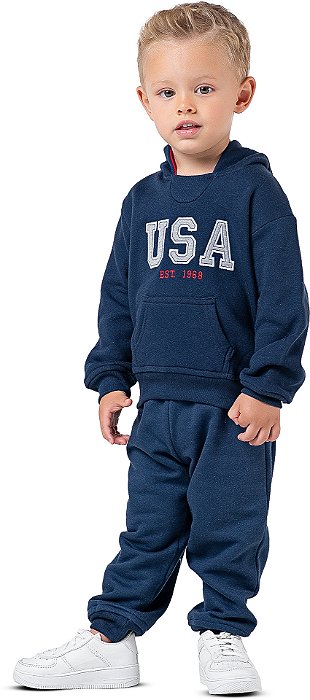 Conjunto Moletom Infantil Menino USA com Capuz Marinho