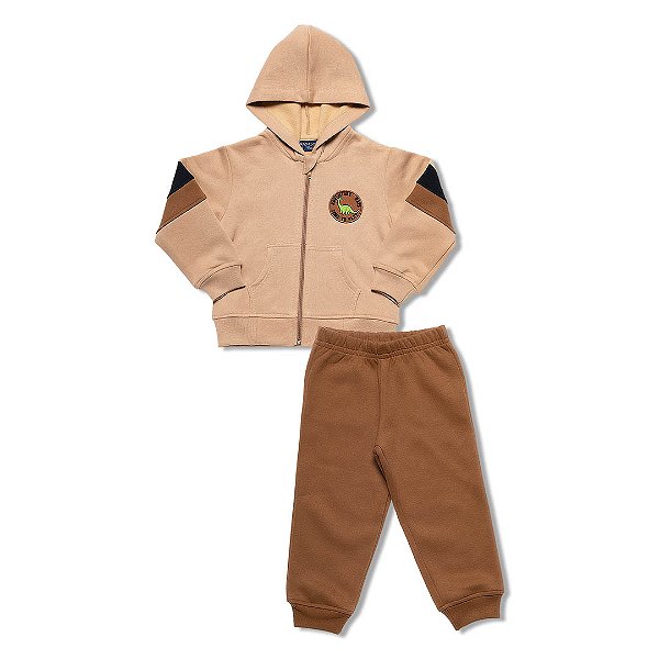 Conjunto Moletom Infantil Menino com Capuz Zíper Dino Bege