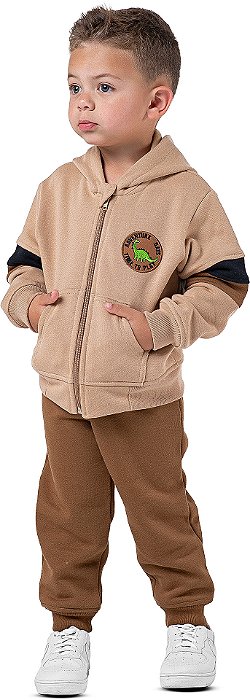 Conjunto Moletom Infantil Menino com Capuz Zíper Dino Bege