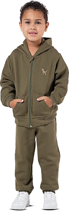 Conjunto Moletom Infantil Menino com Capuz Zíper Dino Verde Militar
