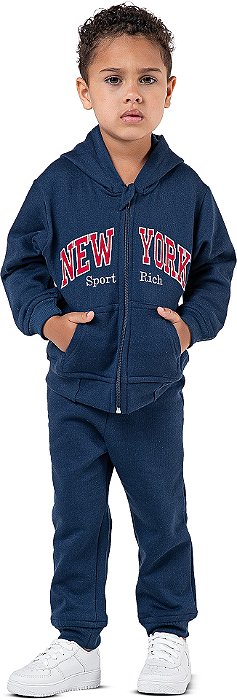 Conjunto Moletom Infantil Menino New York com Capuz Zíper Marinho