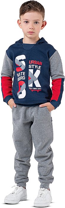 Conjunto Moletom Infantil Menino Urban Style Skate com Capuz Marinho