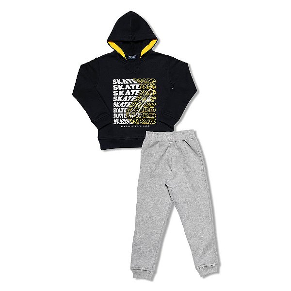 Conjunto Moletom Infantil Menino Skateboard com Capuz Preto