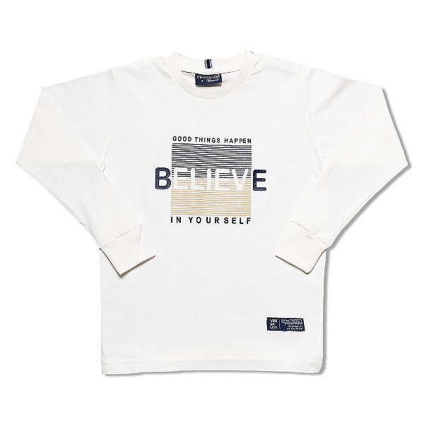 Camiseta Infantil Menino Algodão Believe Manga Longa Off White