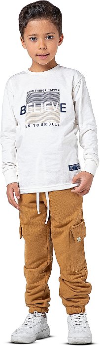 Camiseta Infantil Menino Algodão Believe Manga Longa Off White
