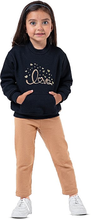 Conjunto Moletom Infantil Menina Love com Bolso Preto