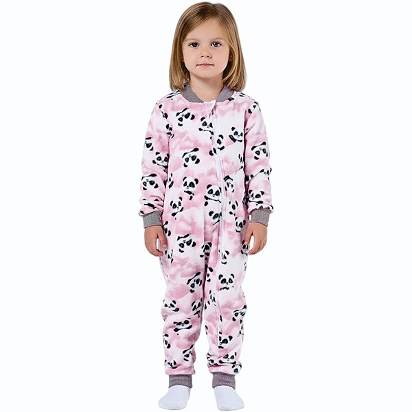 Pijama Macacão Menina Soft Panda com Zíper Rosa