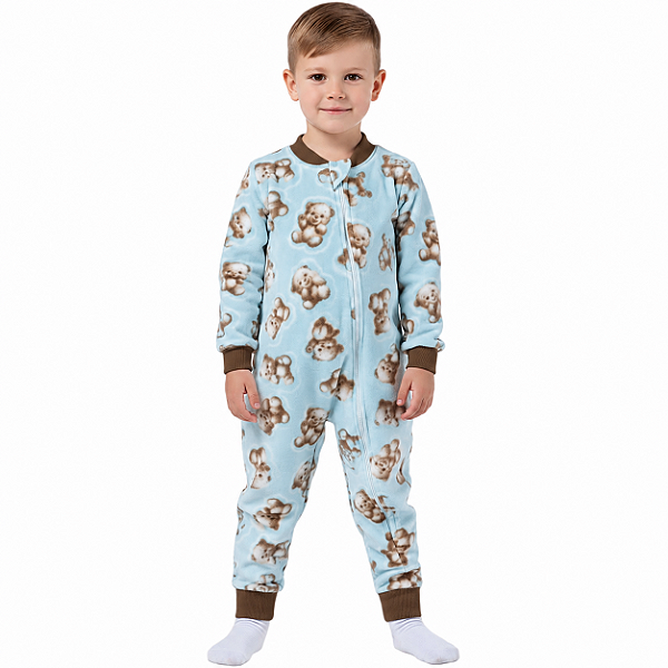 Pijama Macacão Soft Ursinho com Zíper Azul