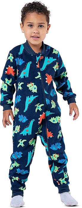 Pijama Macacão Infantil Menino Soft Dinossauro com Zíper Marinho