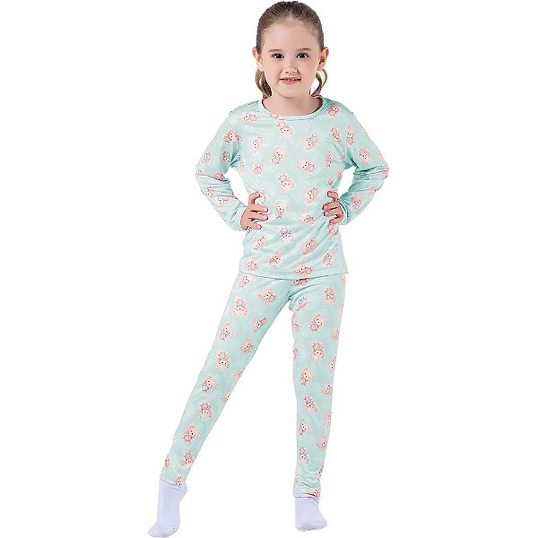 Pijama Infantil Menina Ursinho Super Macio Verde Água