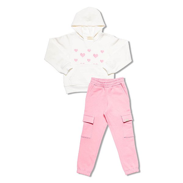 Conjunto Moletom Infantil Menina Corações com Capuz e Calça Cargo Rosa