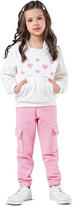 Conjunto Moletom Infantil Menina Corações com Capuz e Calça Cargo Rosa