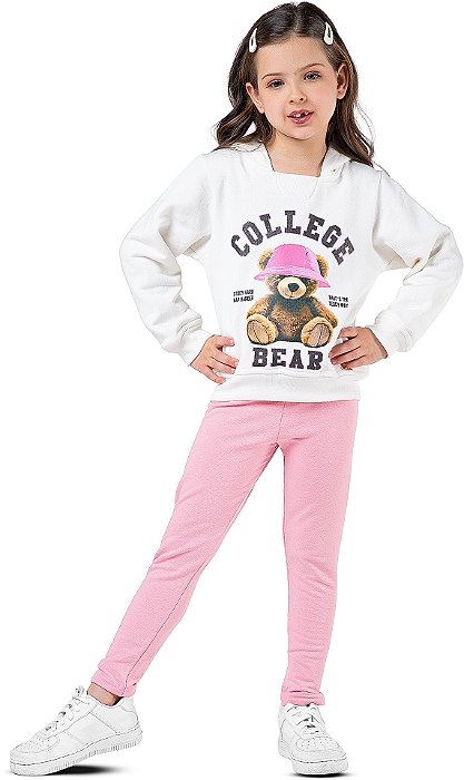 Conjunto Moletom Infantil Menina College Bear com Legging Off White