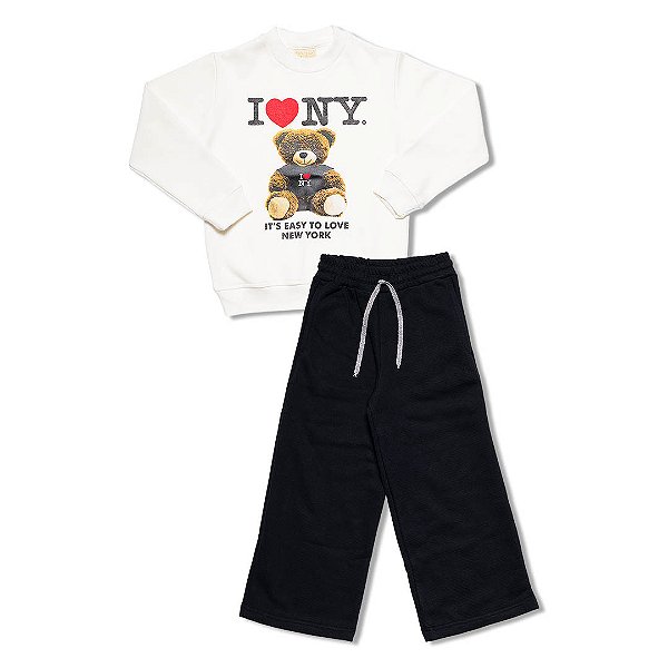 Conjunto Moletom Infantil Menina I Love NY Ursinho Wide Leg Off White