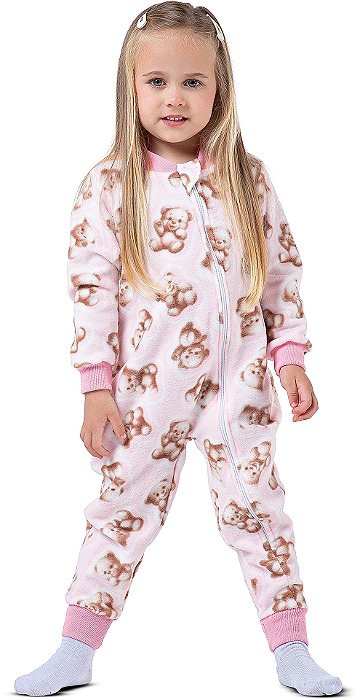 Macacão Pijama Menino Soft Ursinho com Zíper Rosa