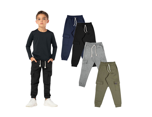 Calça Infantil Menino Cargo Moletinho Elástico Jogger