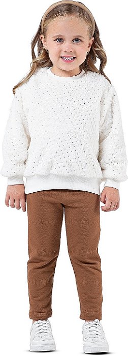 Conjunto Moletom Infantil Menina Peludinho com Brilho Off white