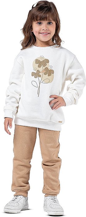 Conjunto Moletom Infantil Menina Flor Off White