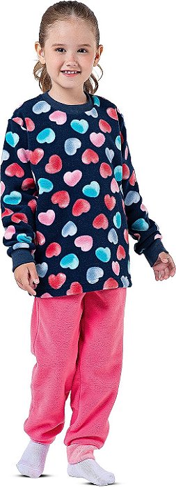 Pijama Infantil menina conjunto Soft Corações marinho