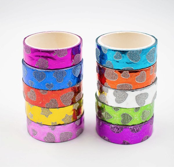 Fita Adesiva Decorativa  Washi Tape c/glitter decorado  kit c/10 und.