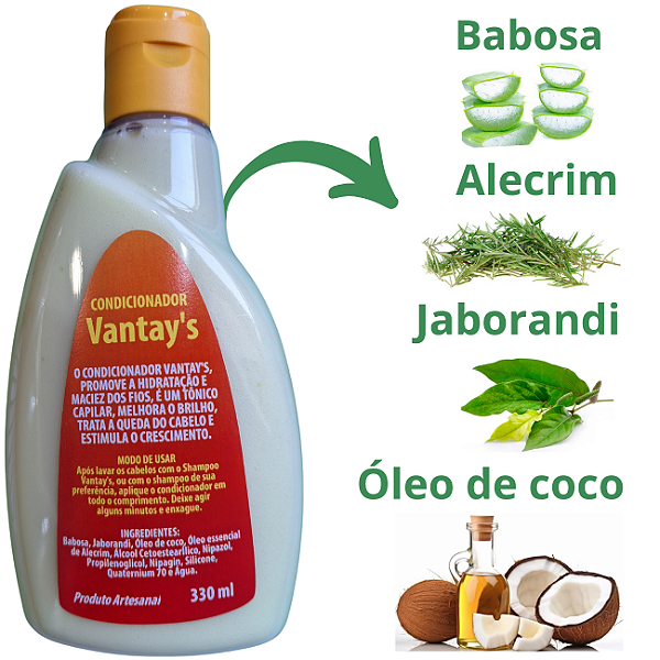 Condicionador antiqueda com ingredientes: jaborandi, alecrim, babosa e óleo de coco
