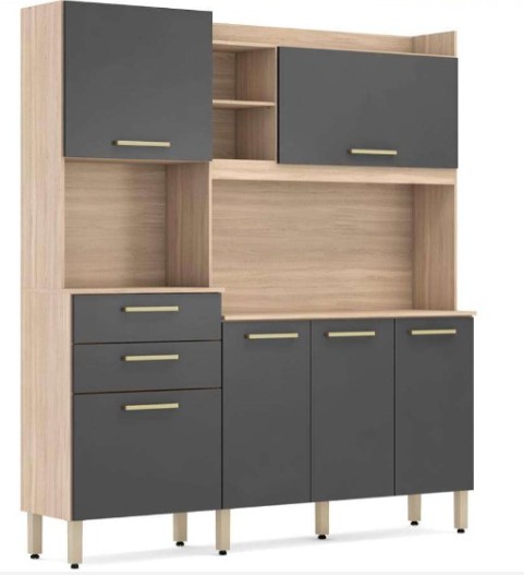 KIT COZINHA DEMOBILE SELECT - 6 PORTAS/2 GAVETAS - AVENA/GRAFITO