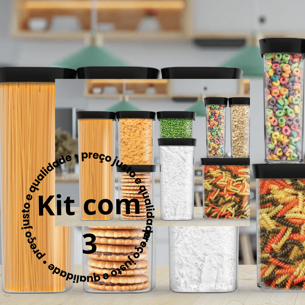 KIT Pote Hermetico 350 / 450 / 500 ML Tampa Preta Casa de Rica