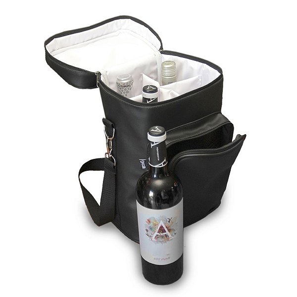 Bolsa Porta Vinho Térmica Couro com Alça para 4 garrafas