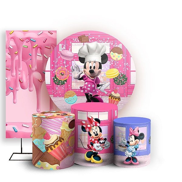 KIT Redondo Trio e Faixa - Minnie Confeiteira - Sublimado 3D
