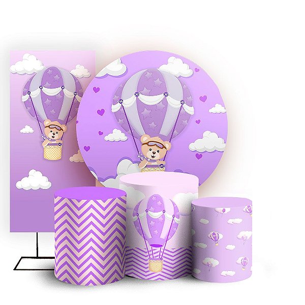 KIT Redondo Trio e Faixa - Ursinha Baloeira Lilás - Sublimado 3D