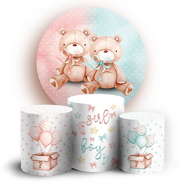 KIT Redondo e Trio -  Ursinhos Chá Revelação - Sublimado 3D