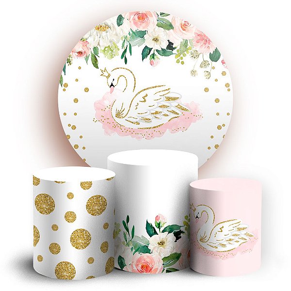 KIT Redondo e Trio - Cisne Floral Glitter - Sublimado 3D