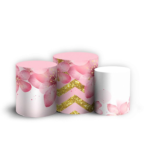 Trio Cilindro - Flores Rosa - Sublimado 3D + Elástico
