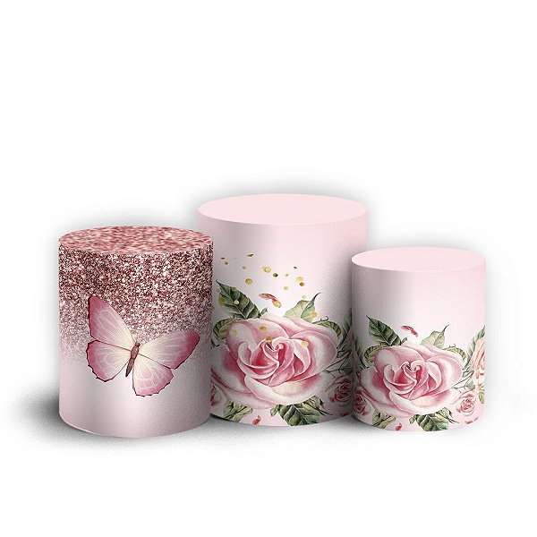 Trio Cilindro - Borboleta Rosa - Sublimado 3D + Elástico