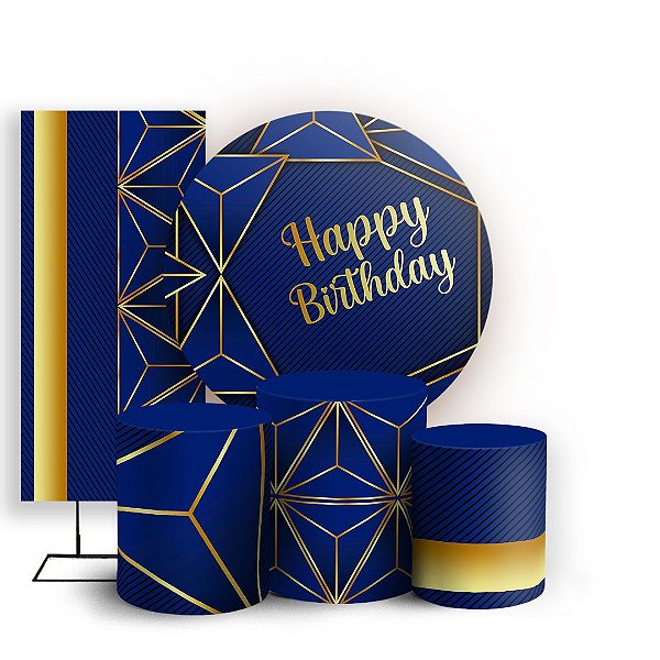 KIT Redondo Trio e Faixa - Happy Birthday Azul - Sublimado 3D