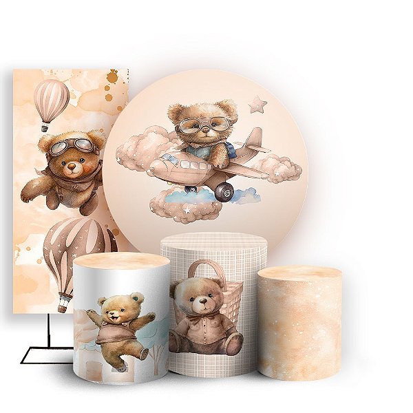 KIT Redondo Trio e Faixa - Ursinho Aviador Marrom - Sublimado 3D