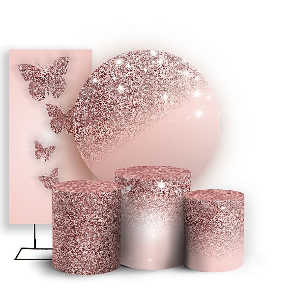 KIT Redondo Trio e Faixa - Gliitter Rose Borboleta - Sublimado 3D