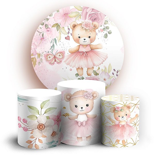 KIT Redondo e Trio - Ursinha Bailarina Floral - Sublimado 3D
