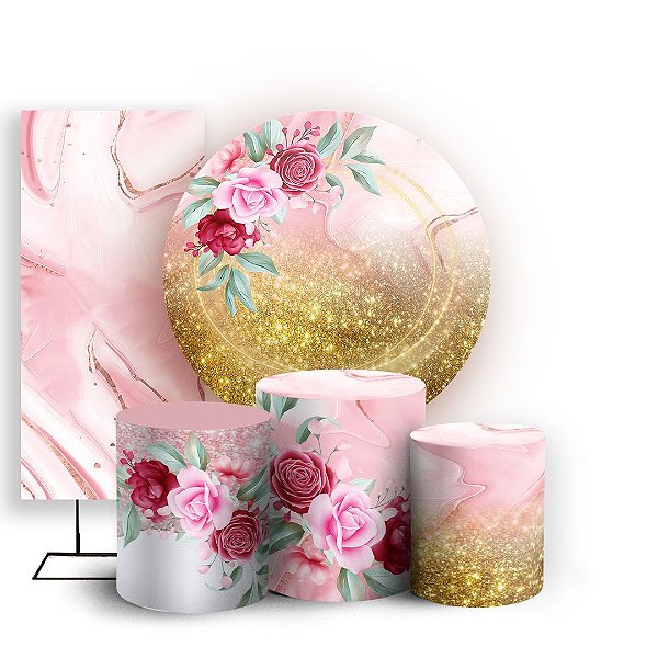 KIT Redondo Trio e Faixa - Floral Rosa - Sublimado 3D