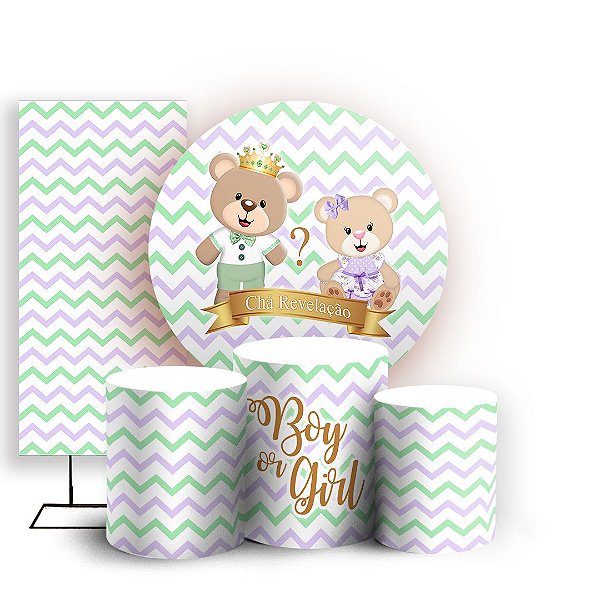 KIT Redondo Trio e Faixa - Ursinhos Chá Revelação - Sublimado 3D