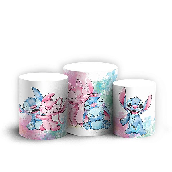 Trio Cilindro - Stitch E Angel - Sublimado 3D + Elástico